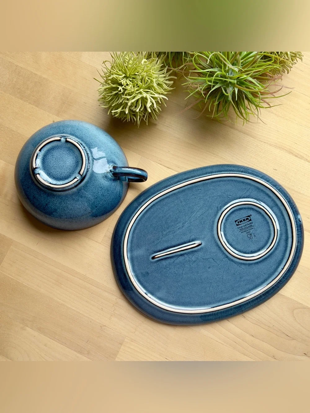 IKEA Gladilig Blue Black Trim Stoneware Glazed Finish BowlCup and Plate Tray Set